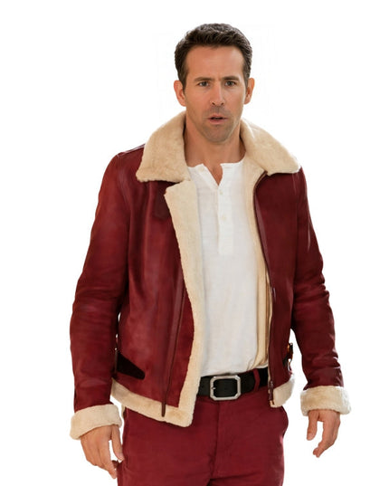Man wearing a red leather jacket with beige fur lining on a white background
