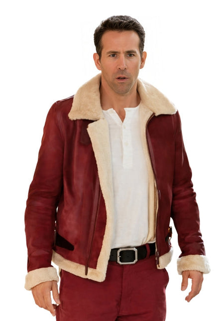 Man wearing a red leather jacket with beige fur lining on a white background
