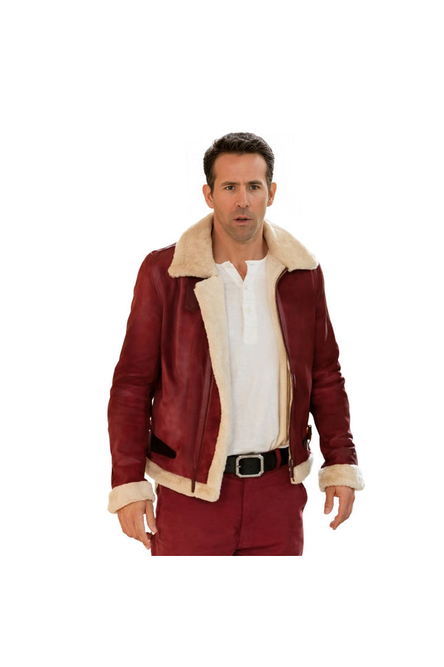 Man wearing a red leather jacket with beige fur lining on a white background