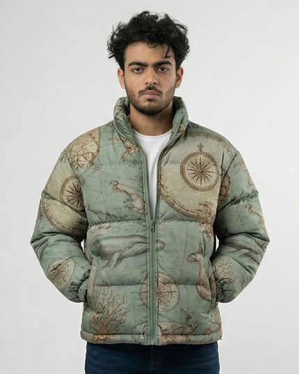 Man wearing a puffer jacket with a map design on a plain background