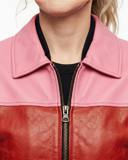 Sale Live Taylor Tomlinson After Midnight Pink and Red Leather Jacket