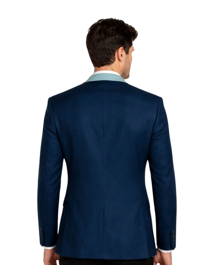 Man wearing a blue suit jacket on a white background