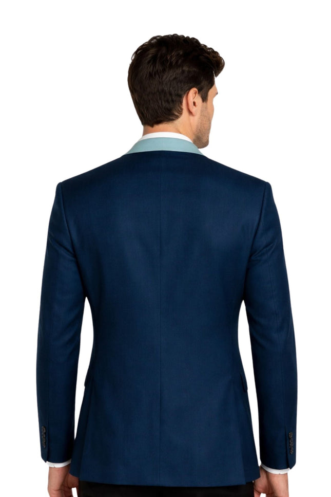 Man wearing a blue suit jacket on a white background