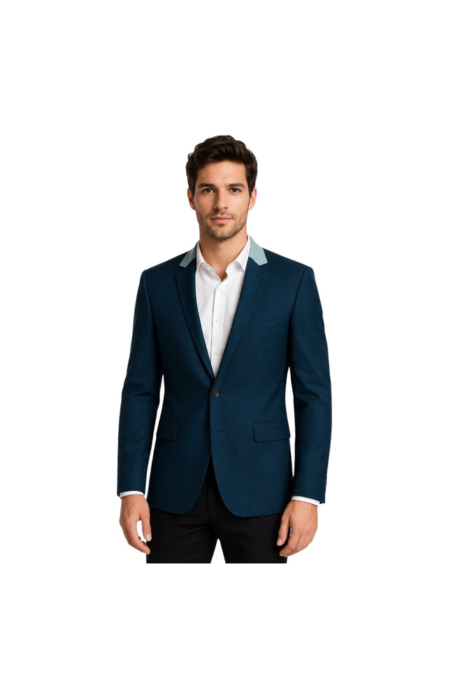 Man wearing a blue suit jacket with white shirt on a white background
