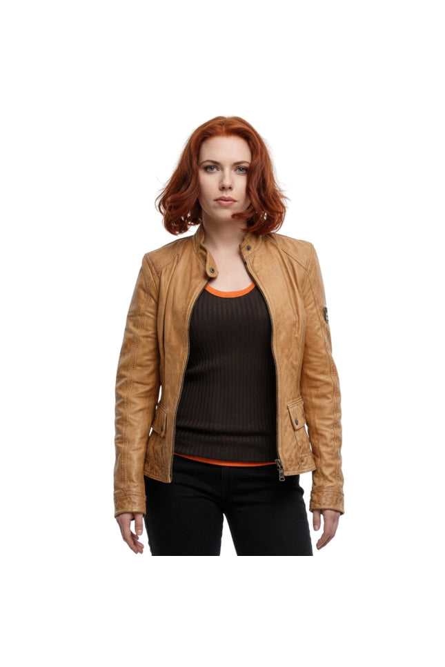 Woman wearing a tan leather jacket on a white background
