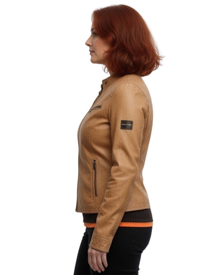 Woman wearing a tan leather jacket on a white background