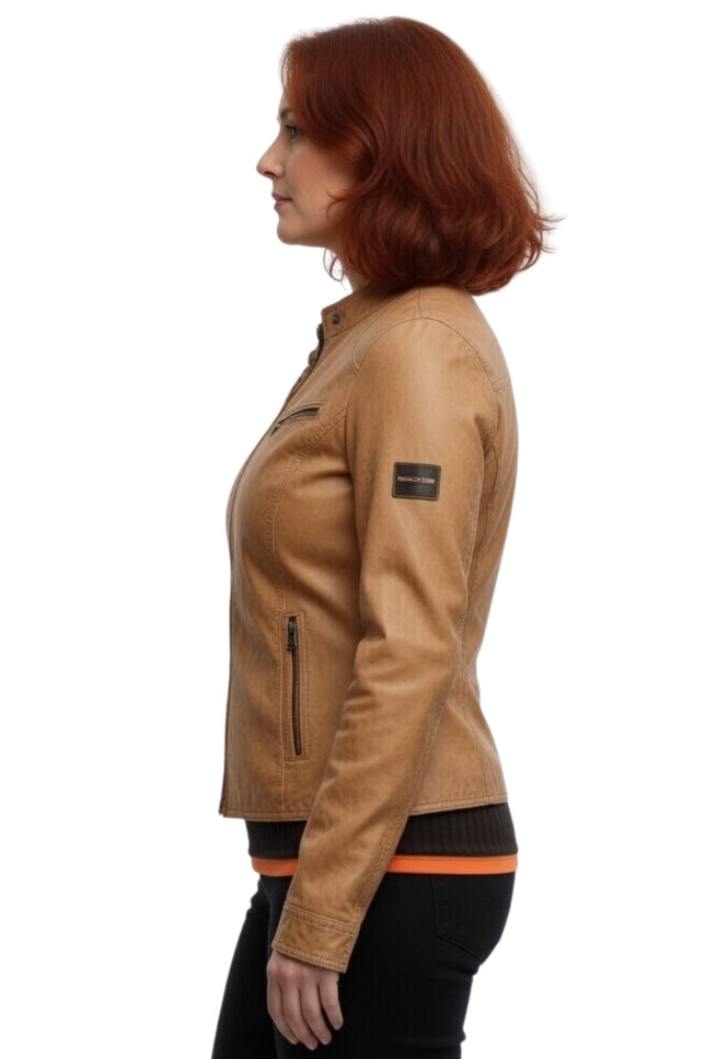 Woman wearing a tan leather jacket on a white background