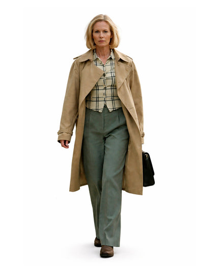 Woman wearing a beige trench coat and green pants on a white background