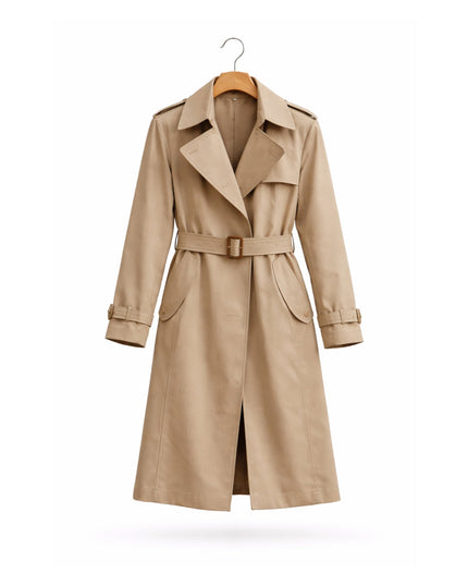Beige trench coat on a hanger against a white background