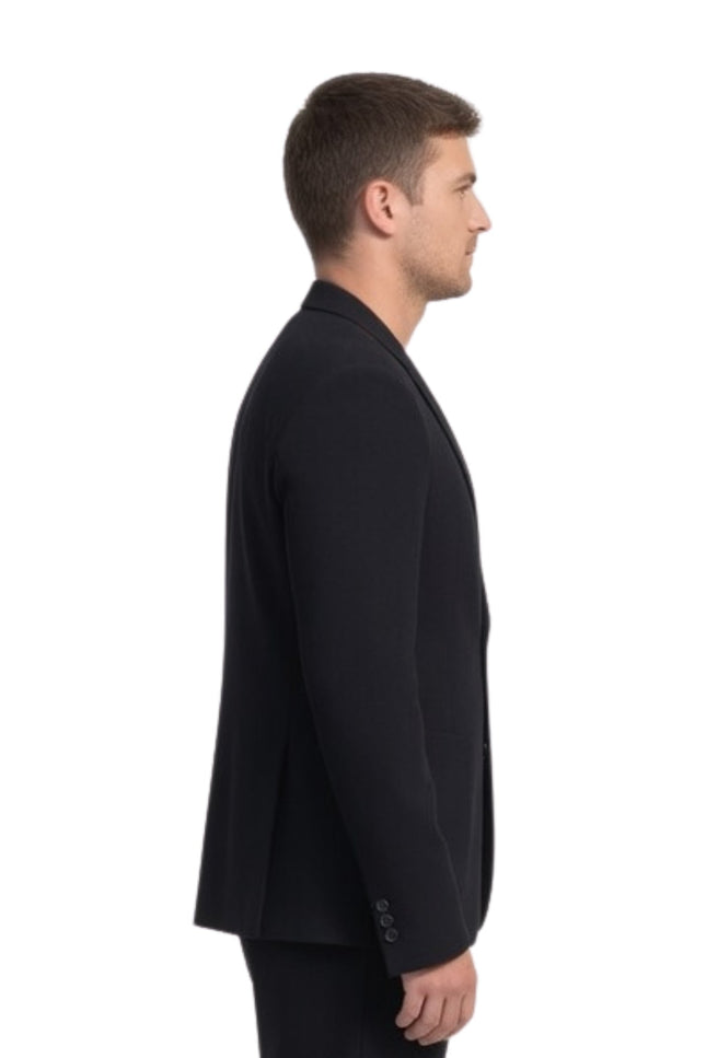 Man wearing a black blazer on a white background