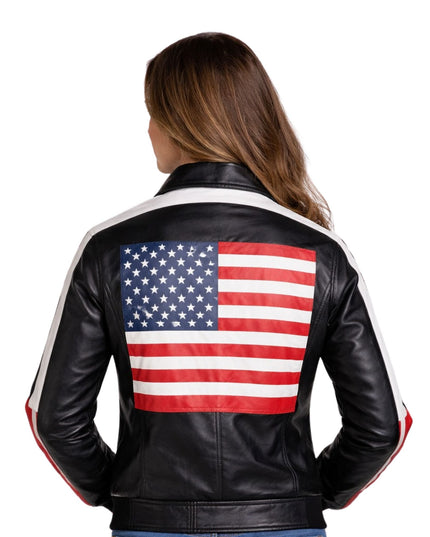 Black leather jacket with American flag design on a white background