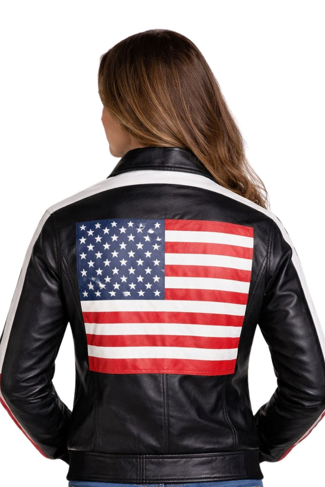 Black leather jacket with American flag design on a white background