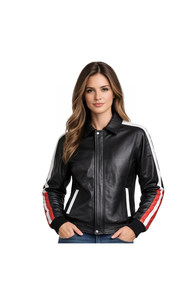 Woman wearing a black leather jacket with white and red accents on a white background