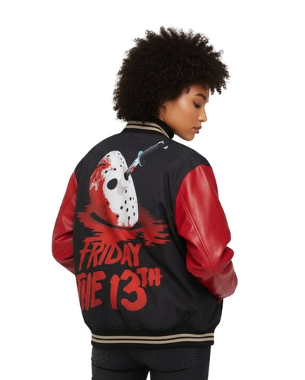 Person wearing a black and red 'Friday the 13th' themed jacket with a character design on the back.