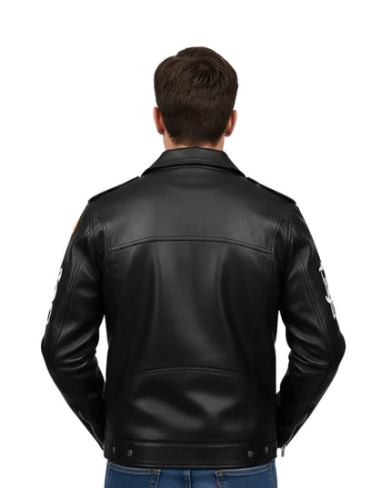 Black leather jacket worn by a person on a white background