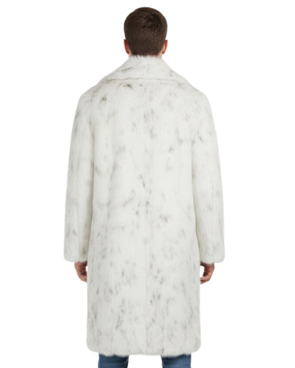 Person wearing a white fur coat on a white background