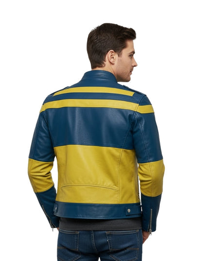 Man wearing a blue and yellow striped leather jacket on a white background