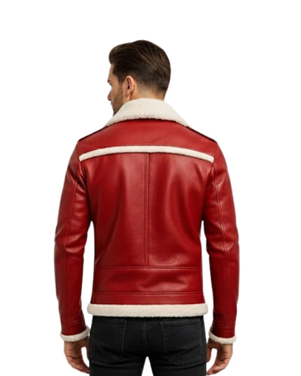 Men's Red Shearling Collar Leather Biker Jacket