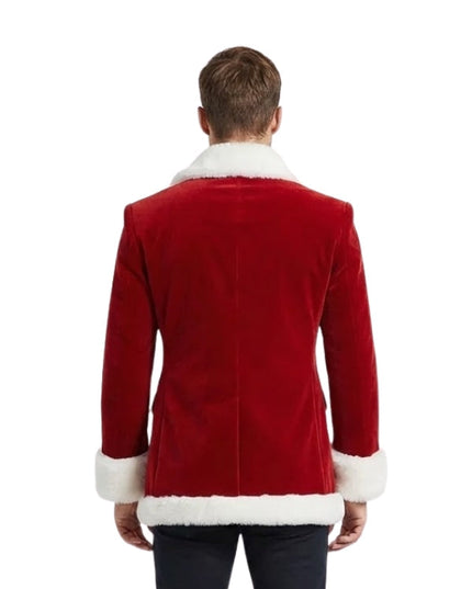 Red velvet jacket with white trim worn by a person on a white background
