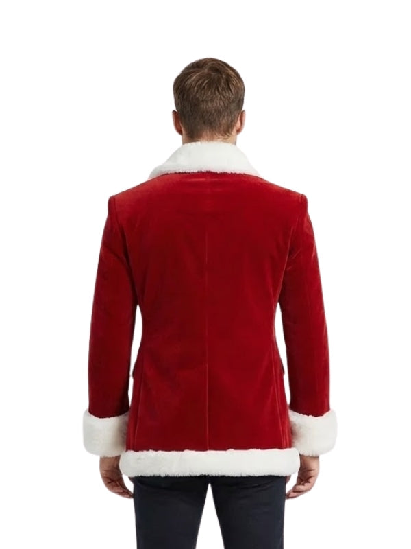 Red velvet jacket with white trim worn by a person on a white background