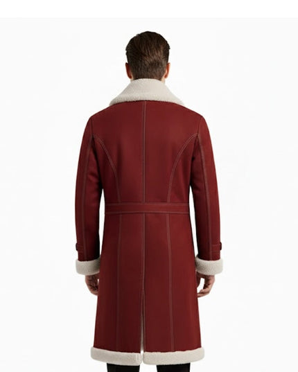 Red coat with white trim worn by a person on a white background