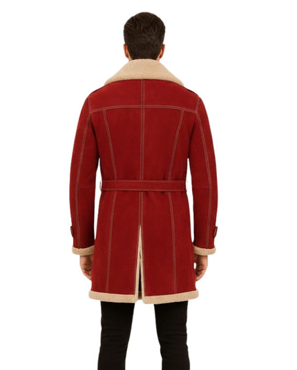 Red coat with beige collar and trim on a white background