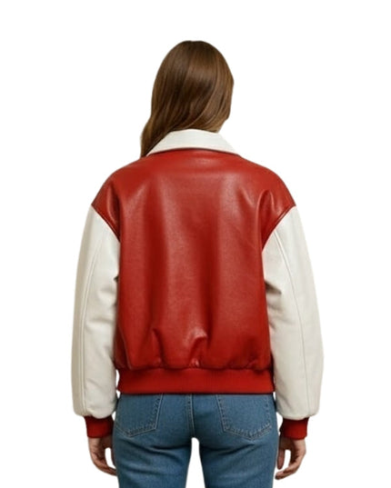 Red and white varsity jacket worn by a person on a white background