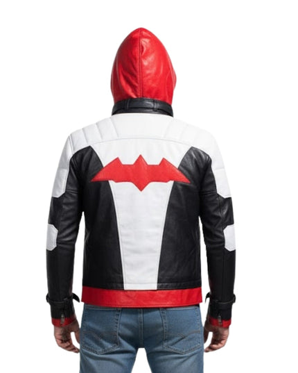 Person wearing a red, black, and white jacket with a bat symbol on the back.