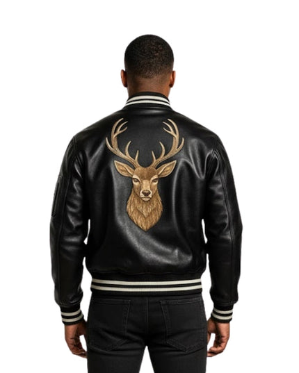 Black leather jacket with deer emblem on the back worn by a person on a white background