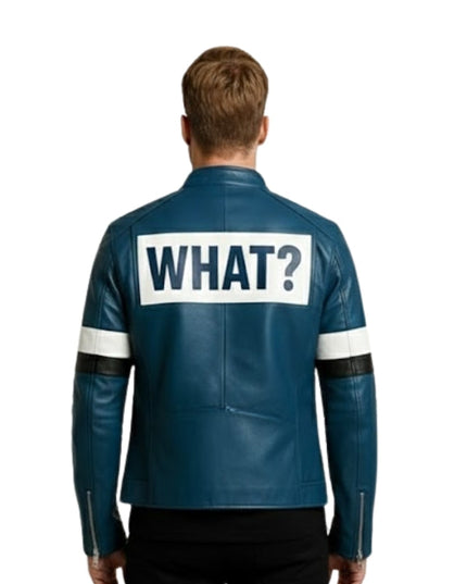 Men's Blue Leather Biker Jacket: 'WHAT?'