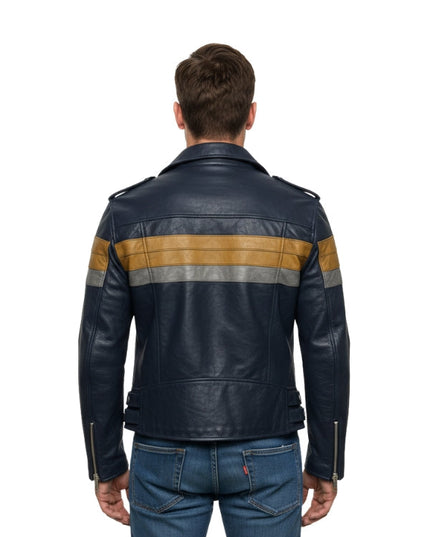 Men's Blue Leather Biker Jacket
