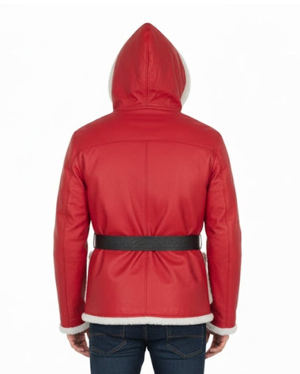 Red hooded jacket with a black belt on a white background