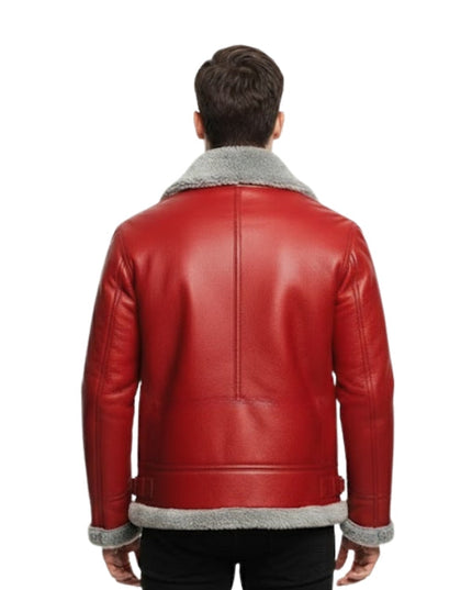 Red leather jacket with gray fur lining on a white background