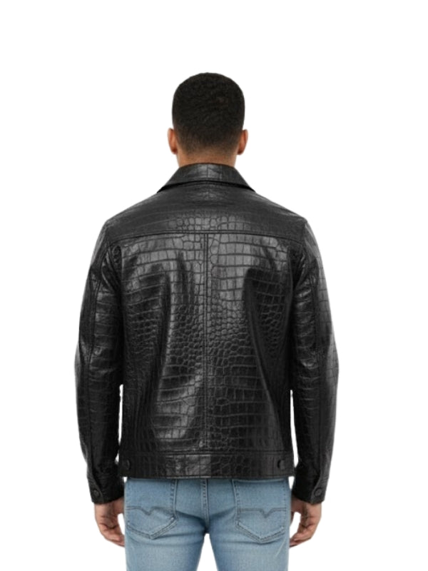 Person wearing a black crocodile-patterned leather jacket on a white background
