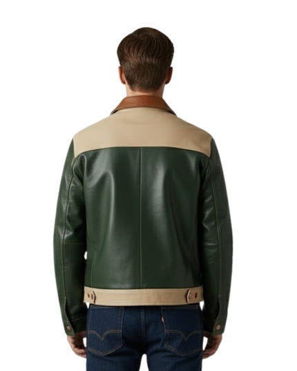 Green and beige leather jacket worn by a person on a white background