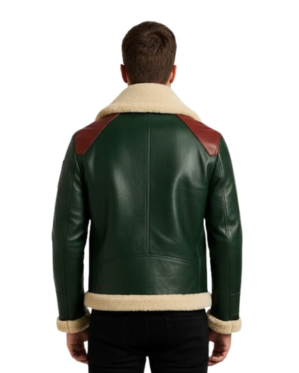 Green leather jacket with red accents and beige lining on a white background