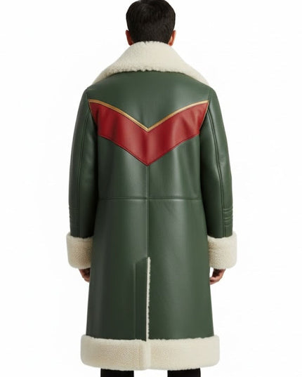 Green coat with red and gold accents on a white background