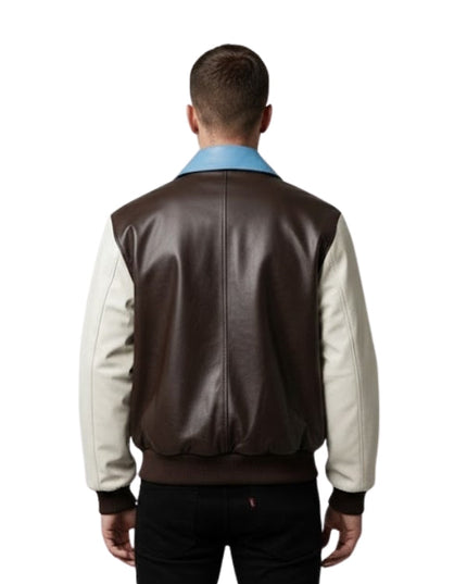 Man wearing a brown and beige leather jacket on a white background