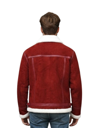 Red leather jacket with white trim worn by a person on a white background