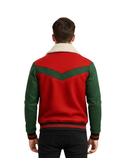 Red and green jacket with a white collar worn by a person on a white background
