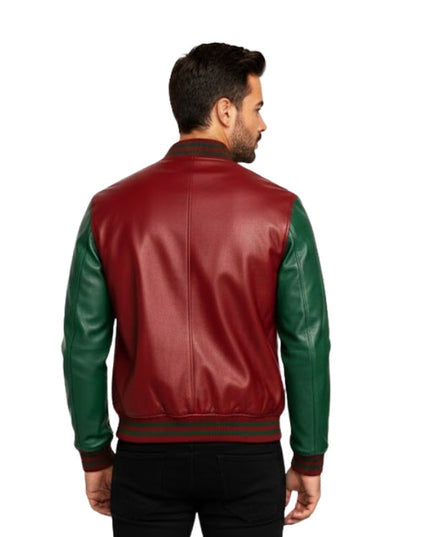 Man wearing a red and green leather jacket on a white background