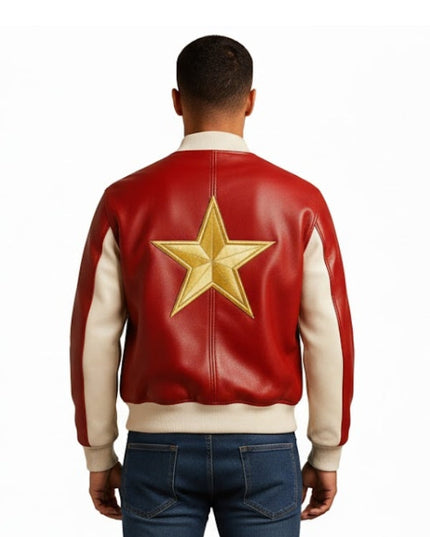 Red leather jacket with a gold star on the back worn by a person on a white background