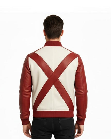 Man wearing a red and white leather jacket with a large 'X' design on the back, on a white background.