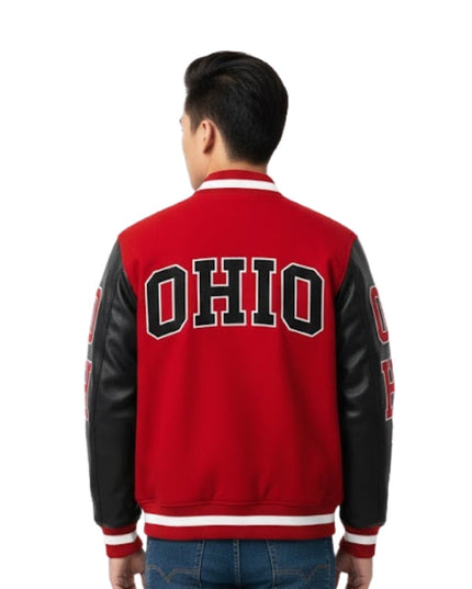 Men's Red Ohio Wool With Leather Sleeves Varsity Jacket