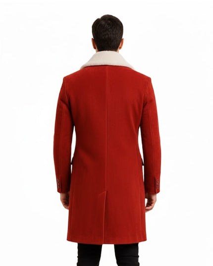 Red coat worn by a person on a white background