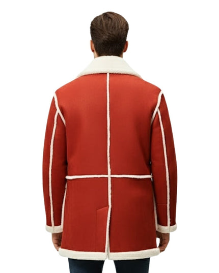 Red coat with white trim worn by a person on a white background