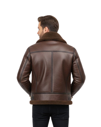 Man wearing a brown leather jacket with fur collar on a white background