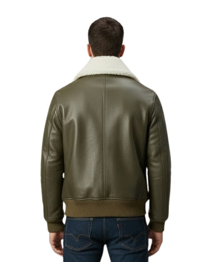 Green leather jacket with white fur collar on a white background