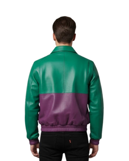 Green and purple two-tone leather jacket on a white background