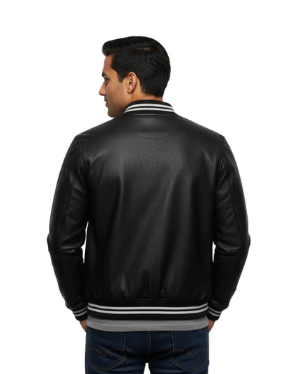 Man wearing a black leather jacket with a white stripe on a white background